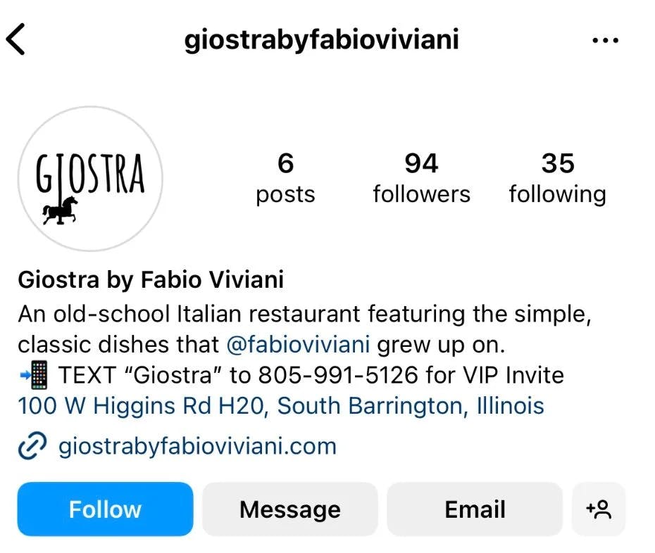 Giostra by Fabio Viviani’s Instagram bio features a text sign-up CTA